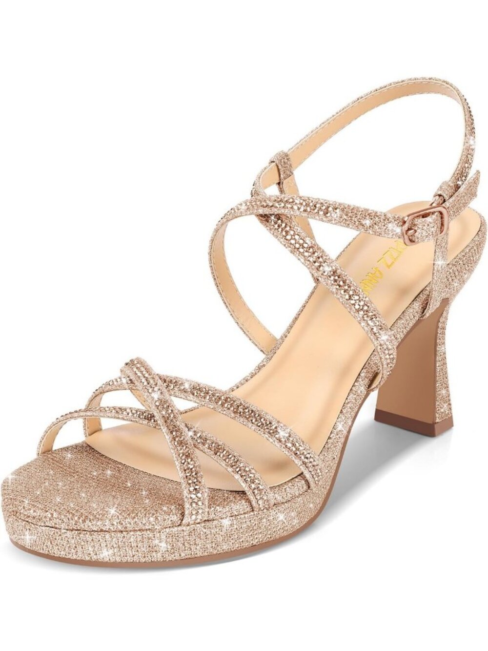 Sparkly Rhinestone Open Toe Ankle Strap High Heels - Chunky Platform Dress